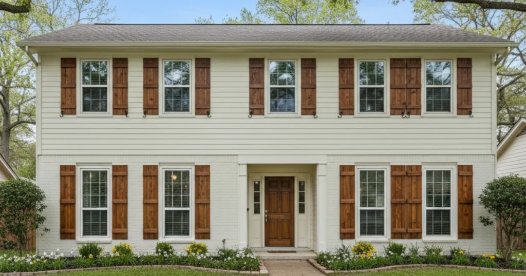Door Refinishing 33 After shutter staining Spring TX showing white colonial home with freshly stained brown wooden shutters enhancing curb appeal with professional wood finish and landscaped front yard