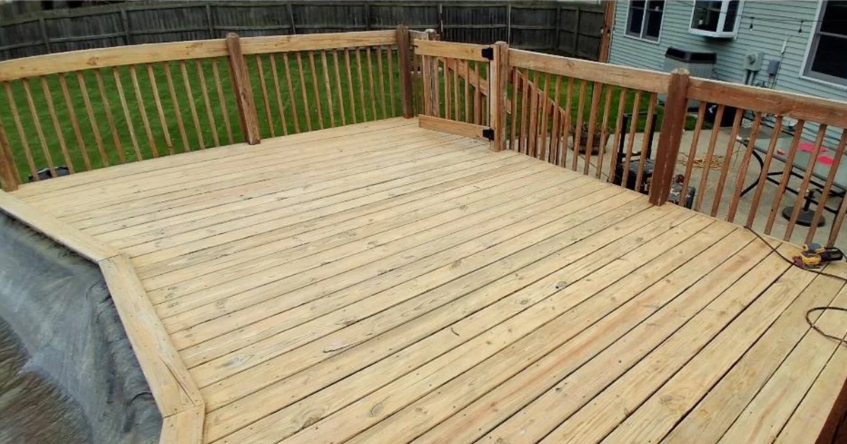 Completed Staining Projects 3 Before deck staining Houston TX The Heights showing new wood deck with uneven water-based stain application and patchy finish requiring professional consultation