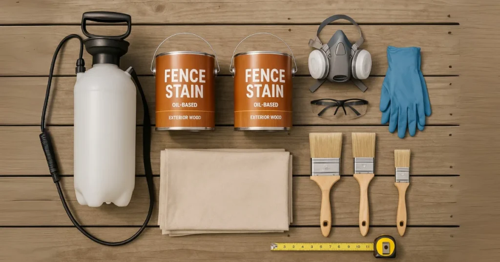 Essential DIY fence staining equipment including pump sprayer, oil-based stain, protective gear and tools