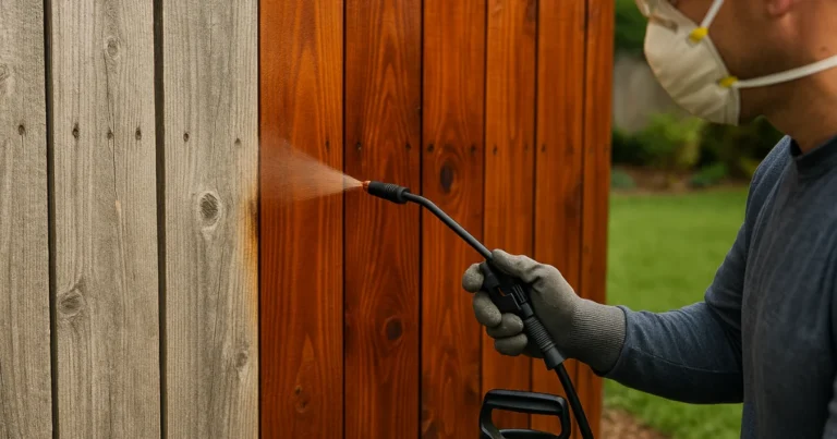 Homeowner applying oil-based stain to cedar fence using pump sprayer for DIY fence staining project