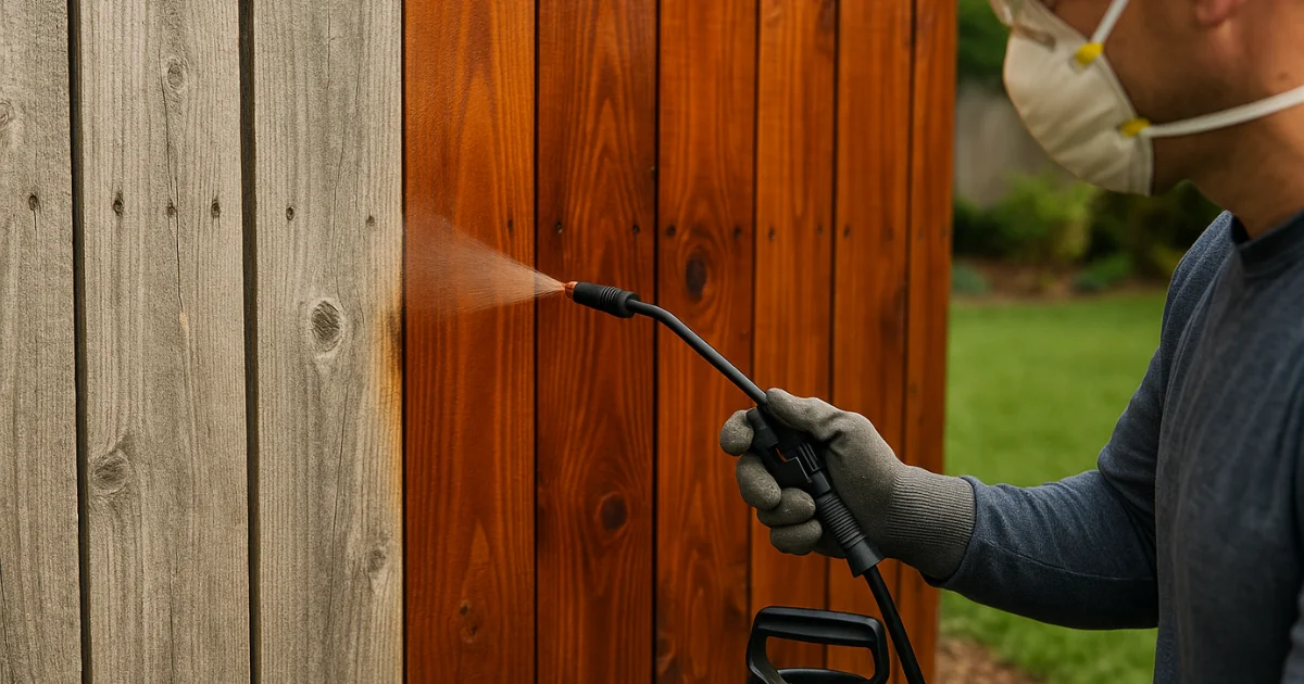Blog 2 Homeowner applying oil-based stain to cedar fence using pump sprayer for DIY fence staining project