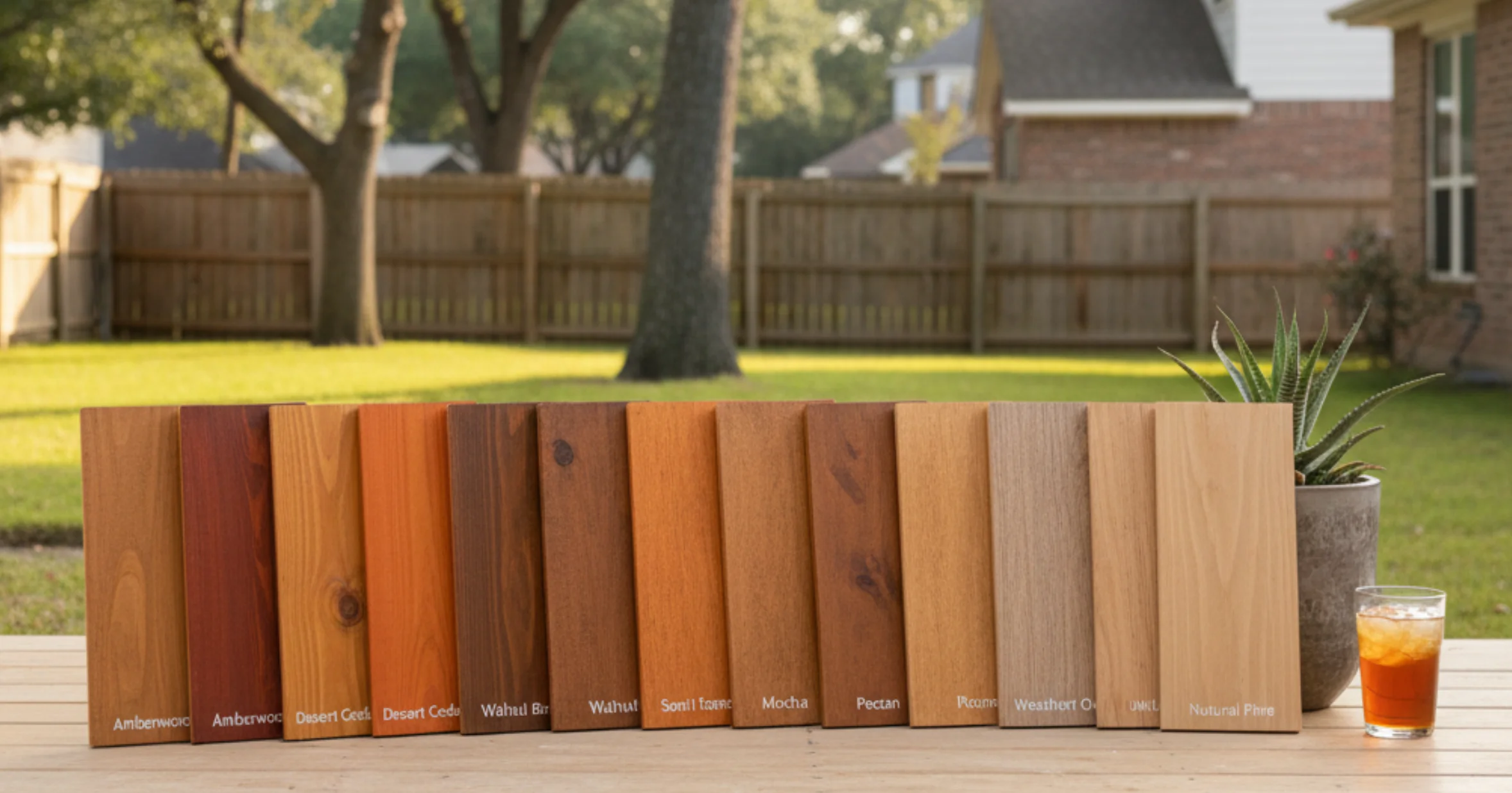 Blog 3 Fence stain color ideas for Houston homes showing multiple wood samples with different stain colors and finishes