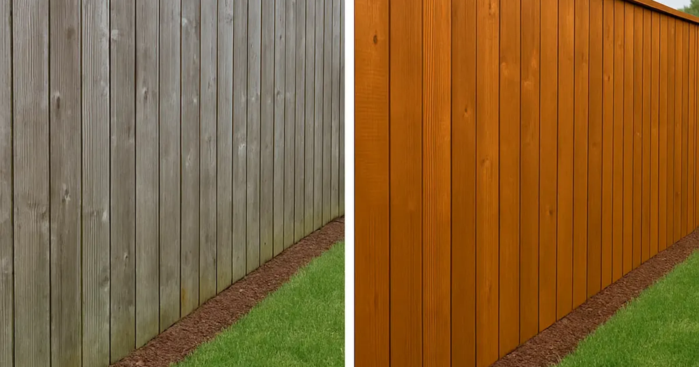 Blog 9 Before and after showing how to remove watermarks from fences in Houston weathered gray fence transformed to beautiful stained wood