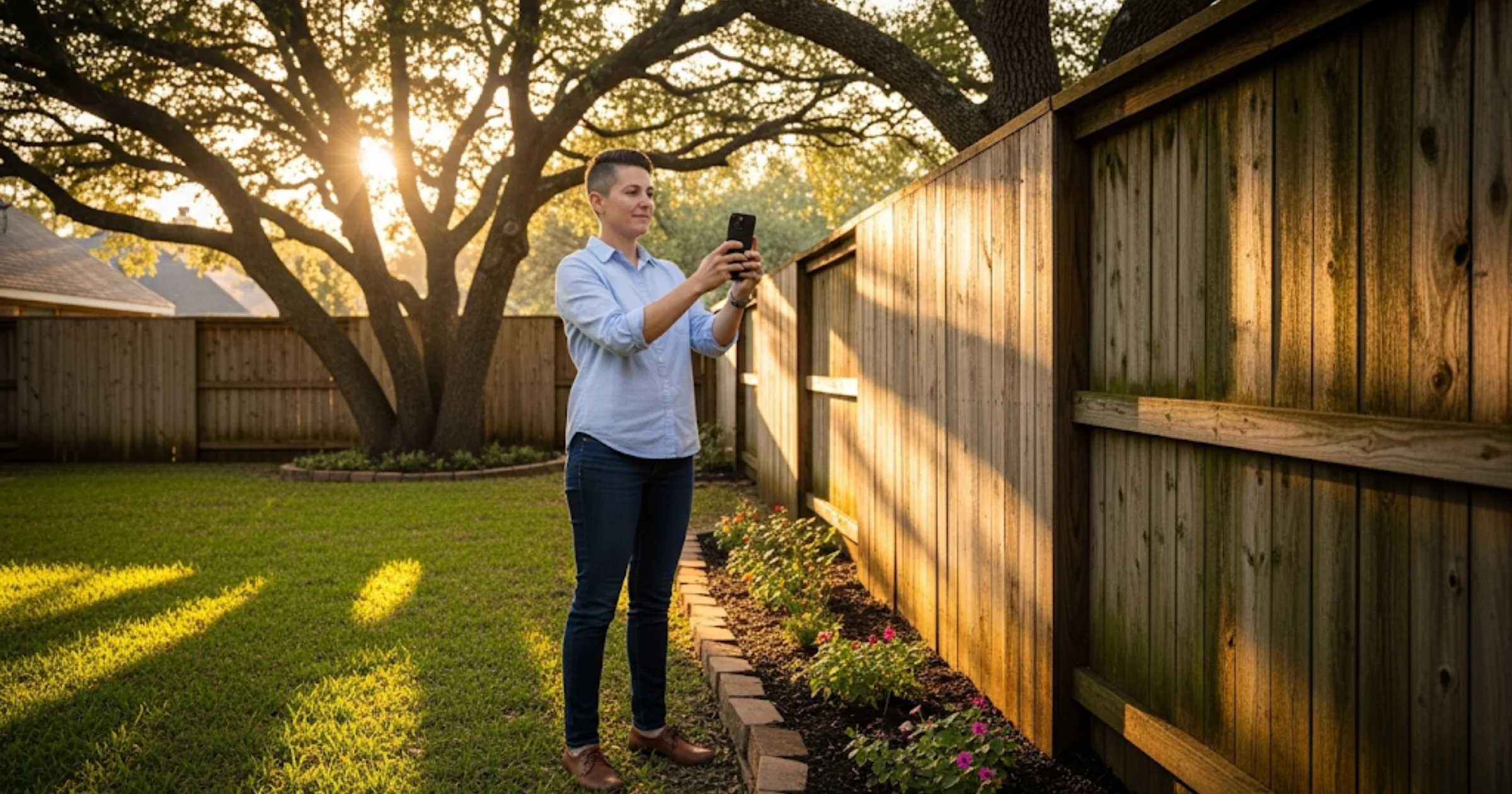 Blog 6 How to get free staining estimates in Houston - homeowner using smartphone to photograph wooden fence for online quote