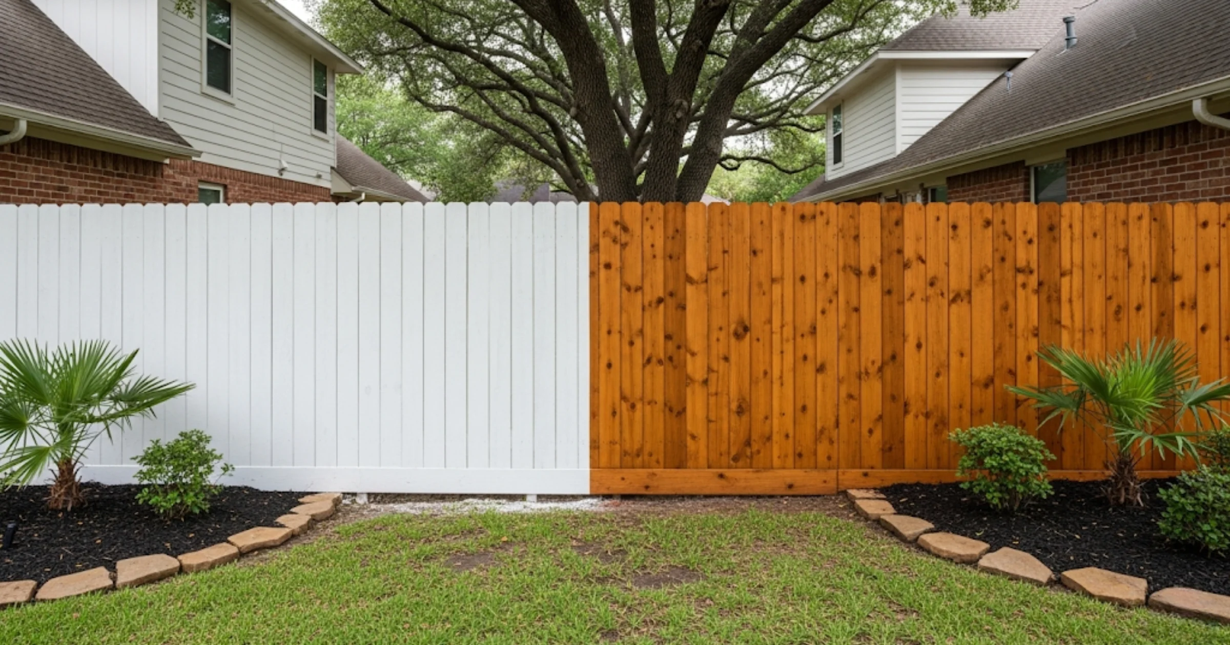 Blog 4 Painting vs staining a fence houston comparison showing white painted fence section next to natural cedar stained fence in Houston neighborhood
