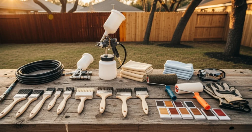 3 Essential Guidelines for Fence and Deck Staining in Houston 2 Professional fence and deck staining houston equipment and techniques - airless sprayer brushes and tools layout