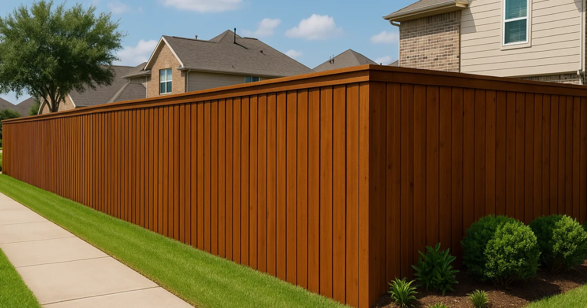 HOA Fence Staining Rules in Woodforest – What Homeowners Need to Know 1 HOA compliant fence staining in Woodforest Montgomery County Texas showing freshly stained wood fence with rich brown color along residential street with manicured lawn, landscaping and suburban homes