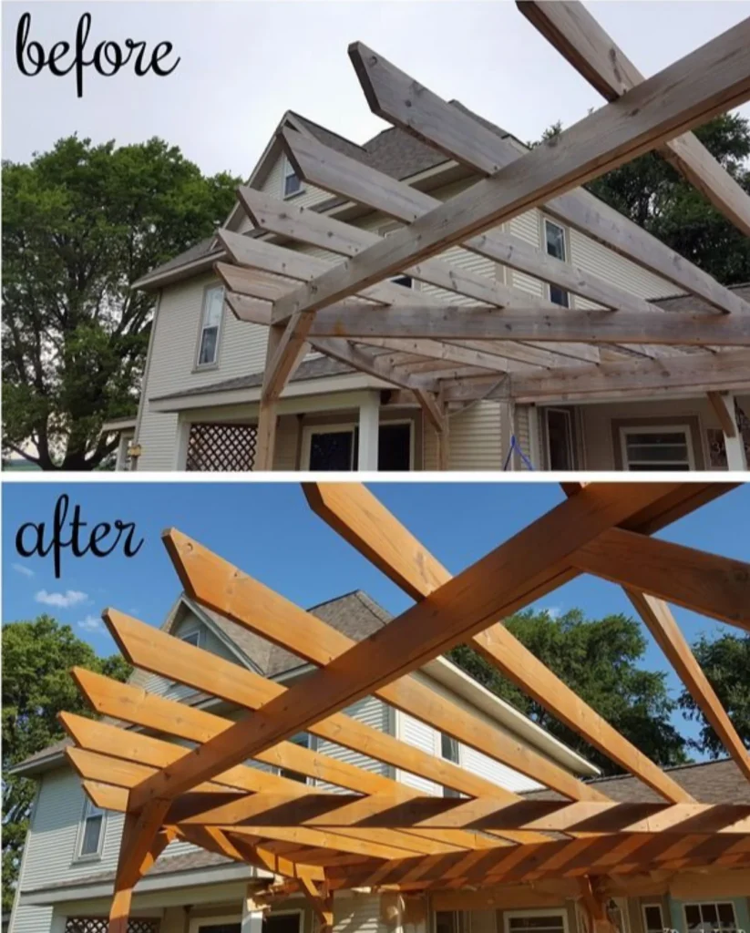 Pergola Staining 5 Before and after pergola staining showing weathered gray wood transformed to golden cedar stain with UV protection on overhead rafters
