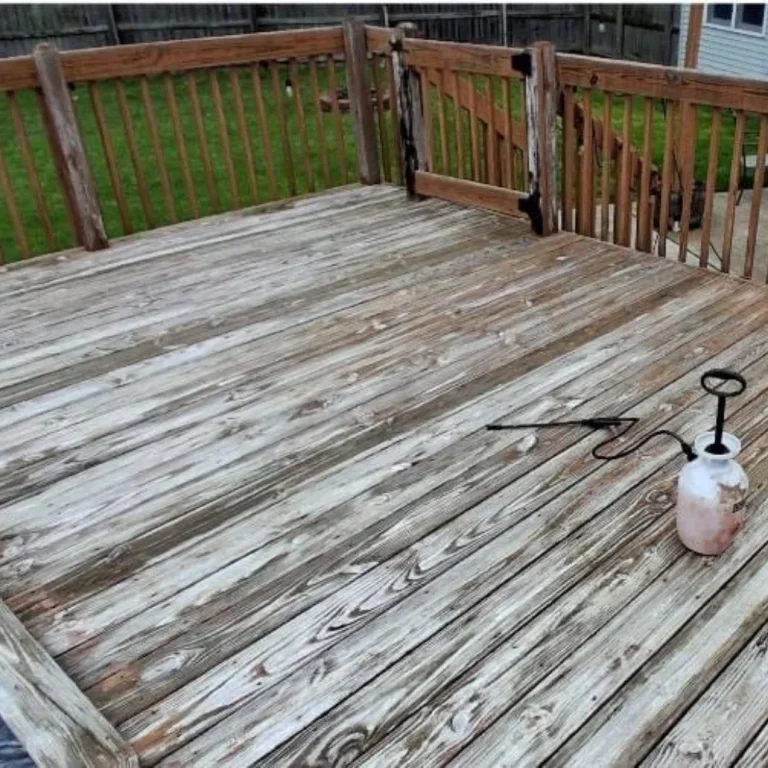 Weathered wood deck before staining Houston showing aged gray planks needing professional cleaning preparation treatment residential property ready for restoration