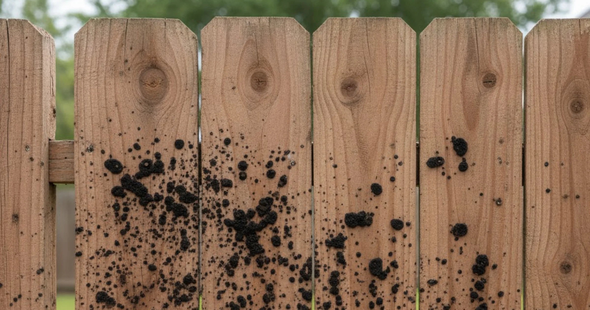 Black spots on your fence Houston showing severe mold damage on cedar wood panel requiring immediate professional treatment and identification