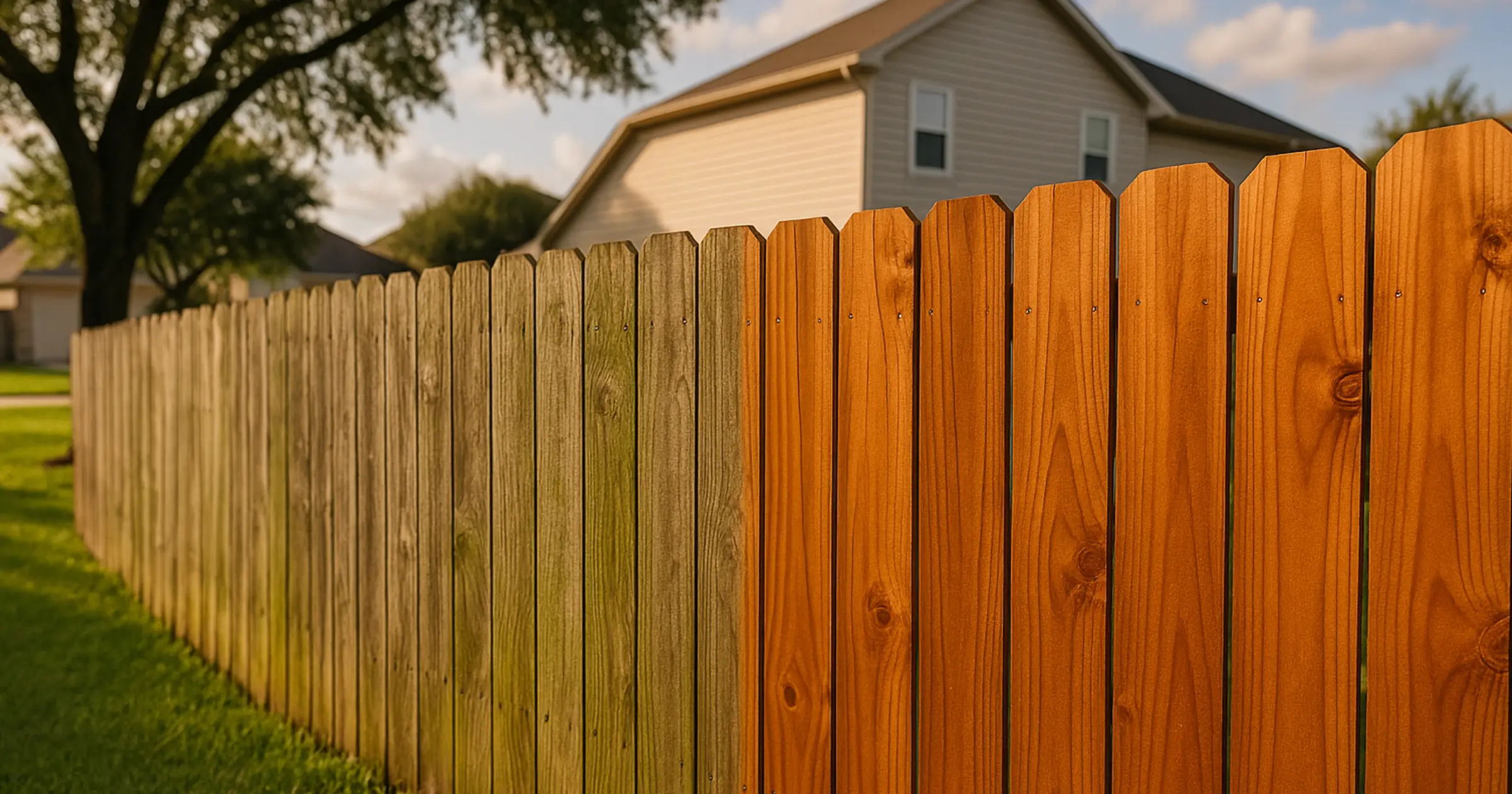 Before and after comparison showing how to remove green algae from fence in Houston - left side with green algae damage, right side professionally cleaned
