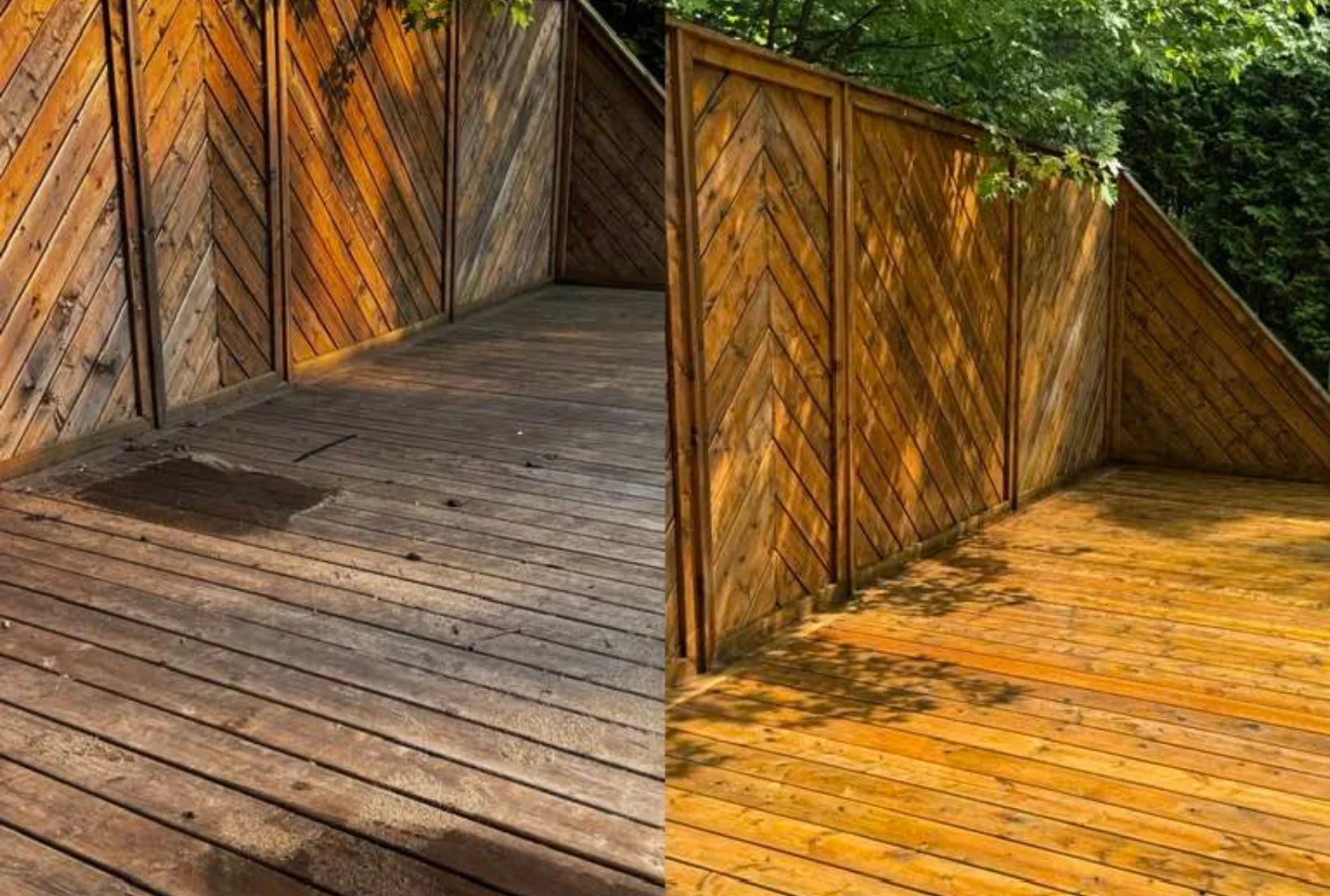 Deck Staining The Woodlands TX 5 Gray dirty deck and chevron fence restored to beautiful golden honey stain by professional deck staining service