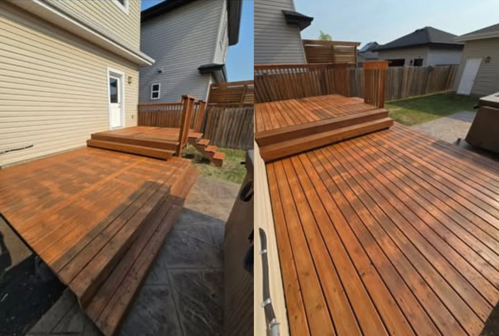 multi-level-deck-staining-after-cedar-tone-houston Beautifully stained multi-level deck with stairs and fence in rich cedar honey tone after professional staining