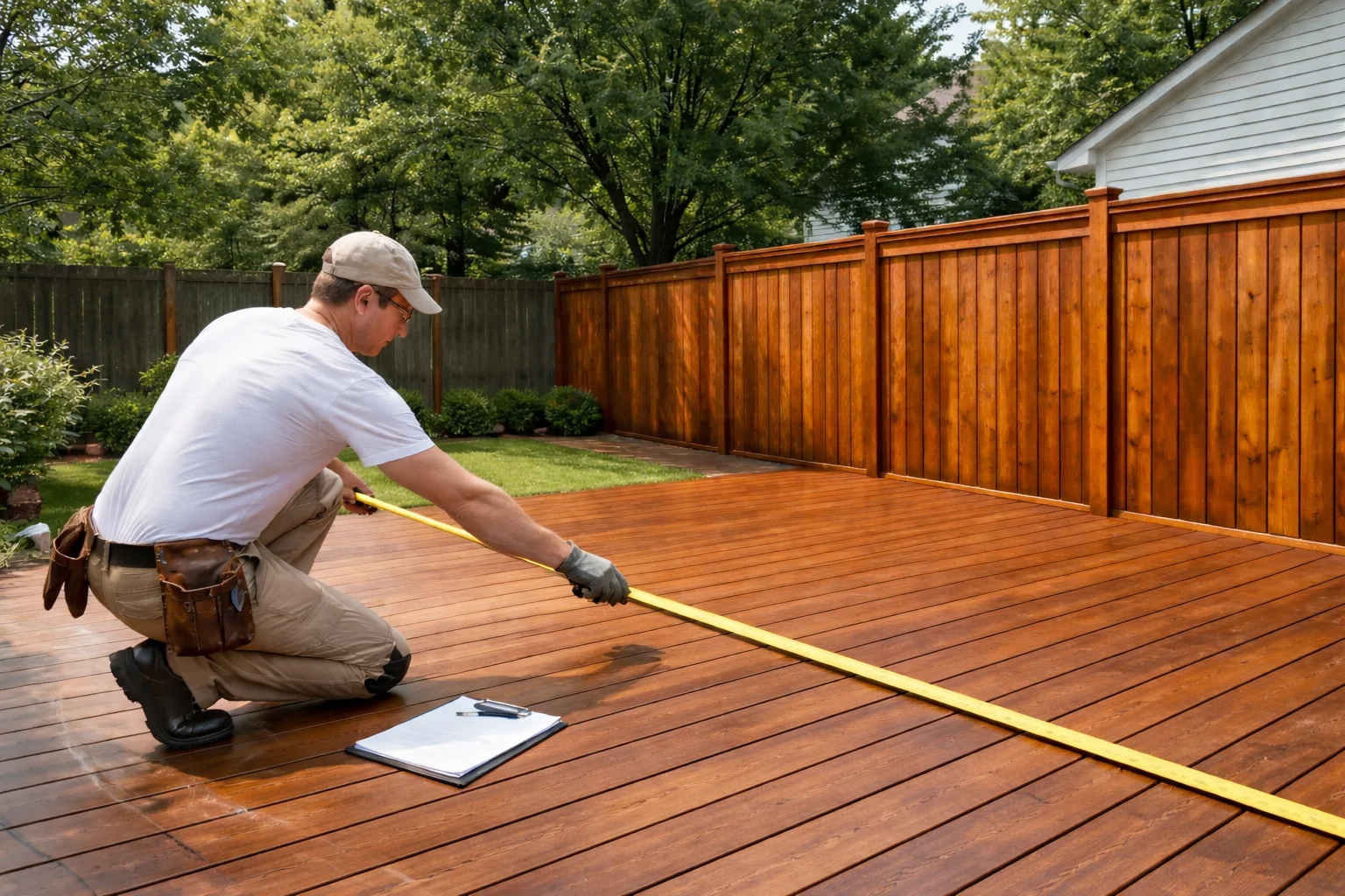 Contractor measuring a wooden backyard deck and fence with a tape measure during a home inspection in a suburban yard.