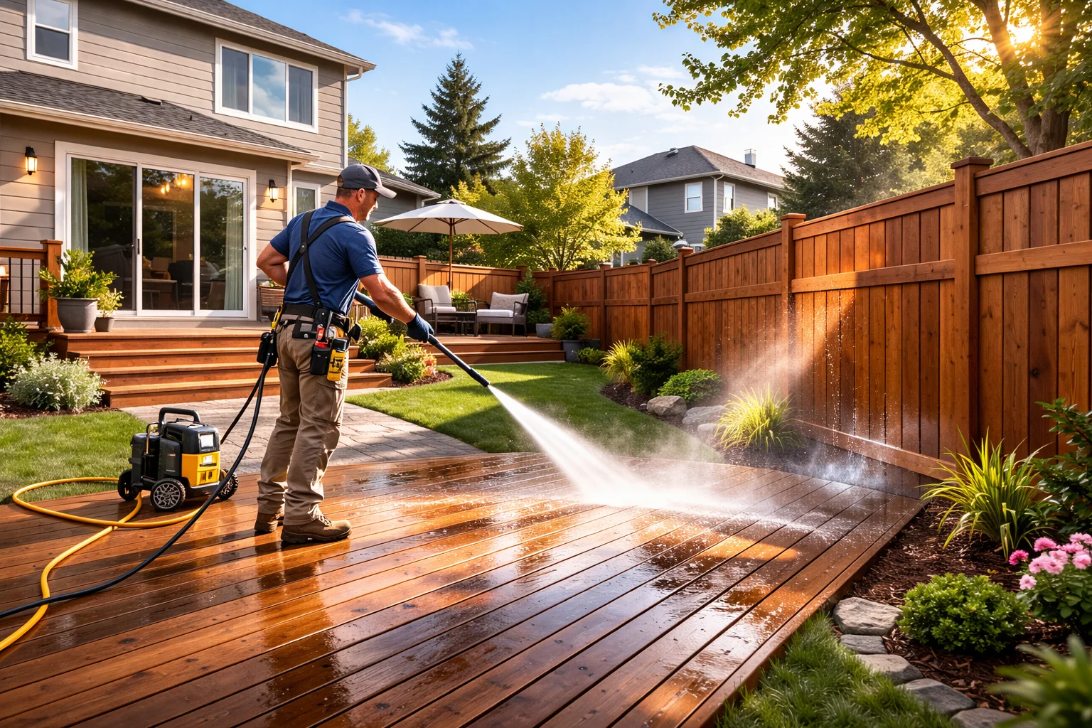 Professional Contractor Pressure Washingising a Wooden Deck and Fence – Pre Stain Preparation in Suburban Backyard
