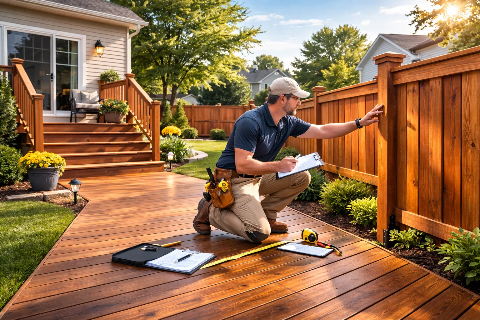 Contractor performing a property assessment while inspecting a wooden deck and fence in a suburban backyard during daylight.